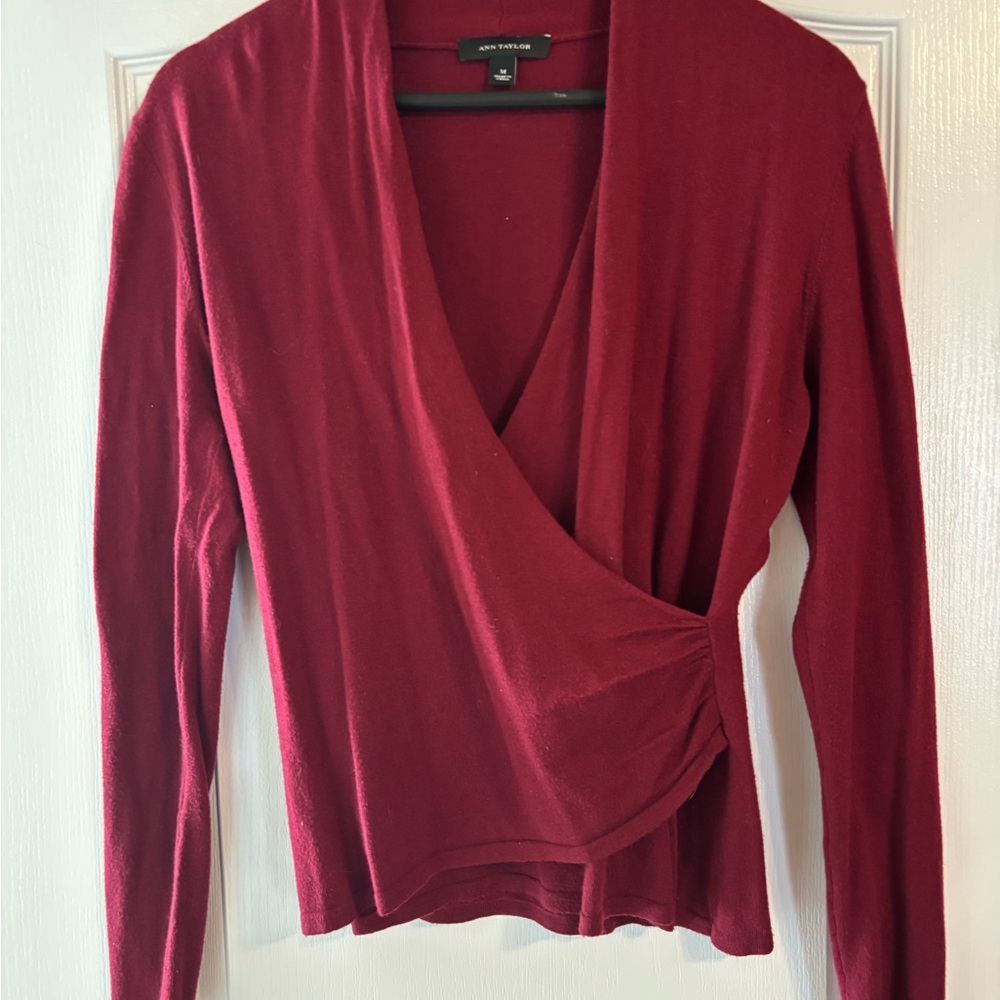 Ann Taylor Wine Red Wrap-Front Long Sleeve Top